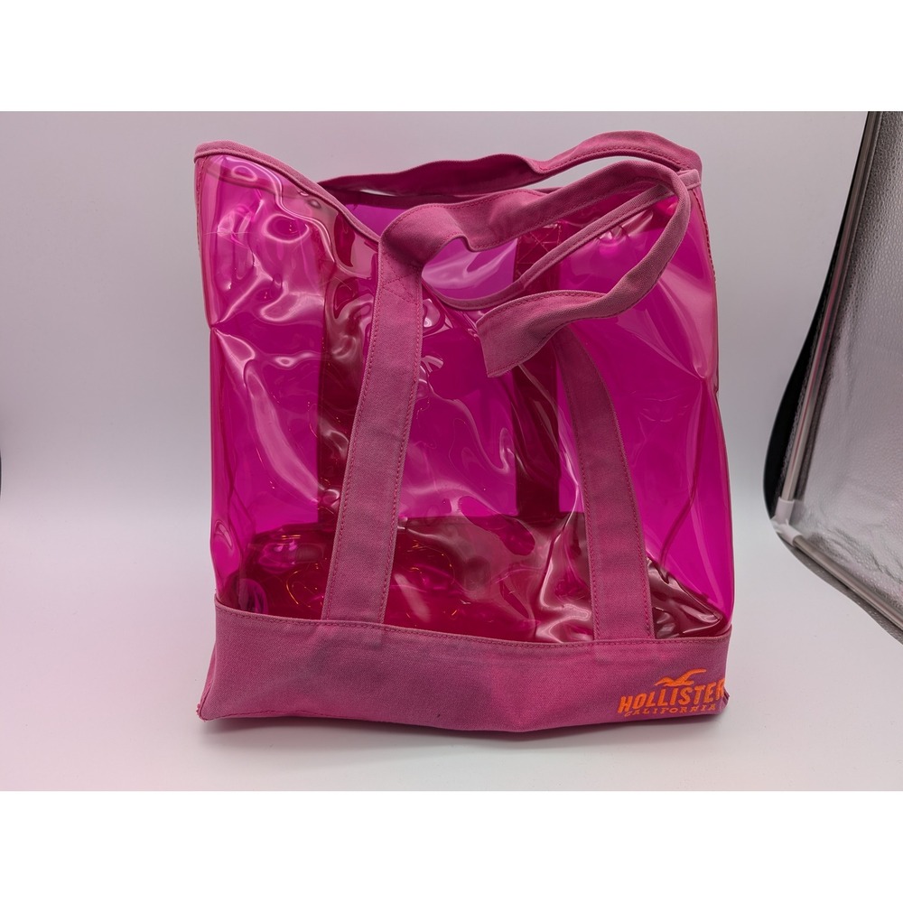 Hollister California Pink Clear Vinyl Canvas Base Tote Bag Beach Bag
